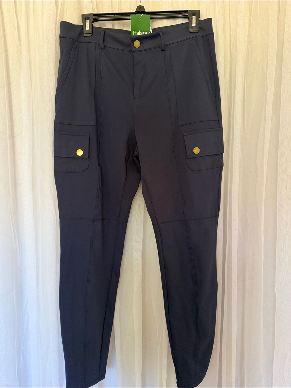 HALARA NWT Navy Blue Cargo Pants with Gold Buttons, large, tall